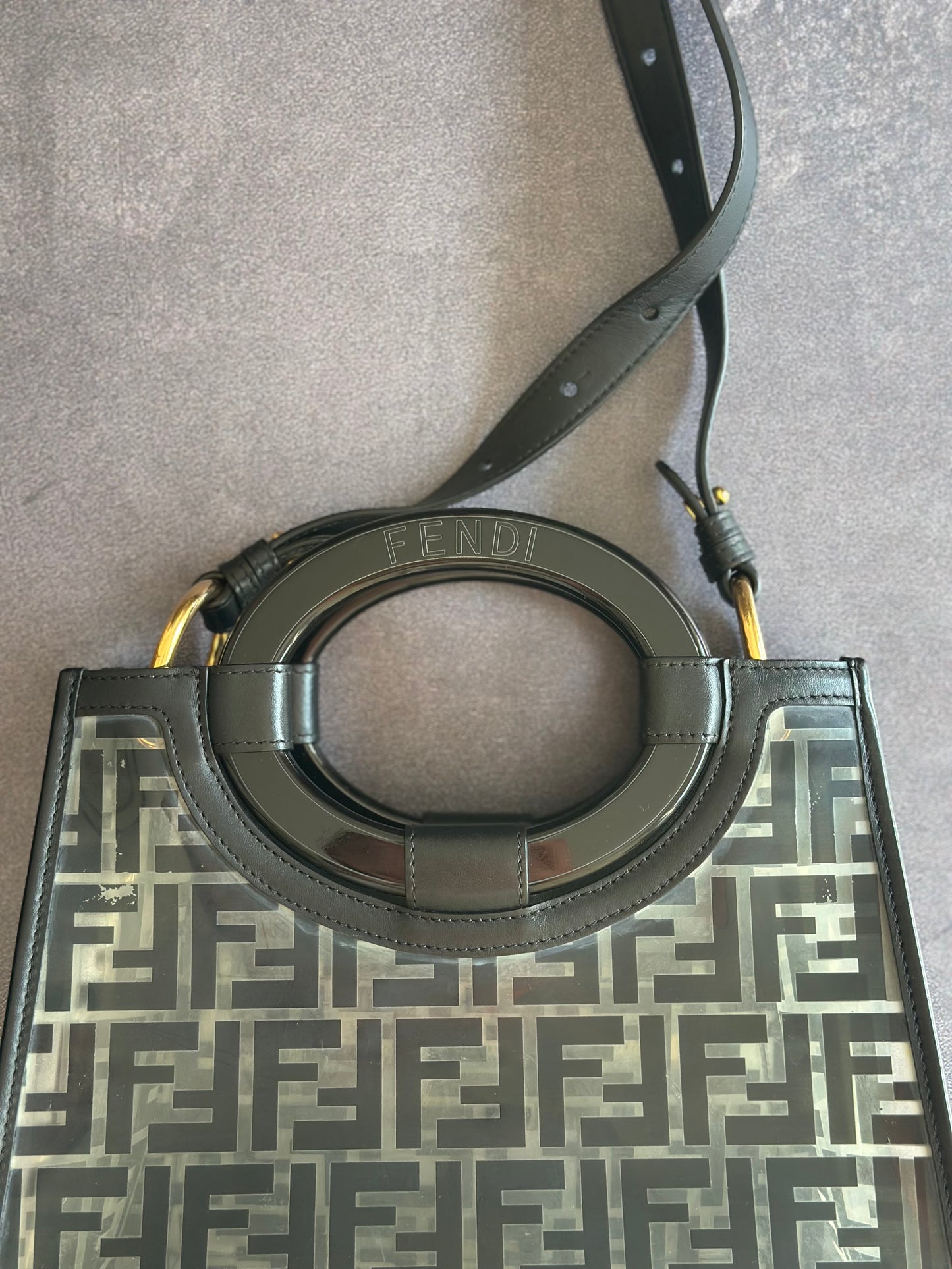 Designer Fendi Transparent/Black Zucca PVC and Leather Small Runaway Shopper Tote