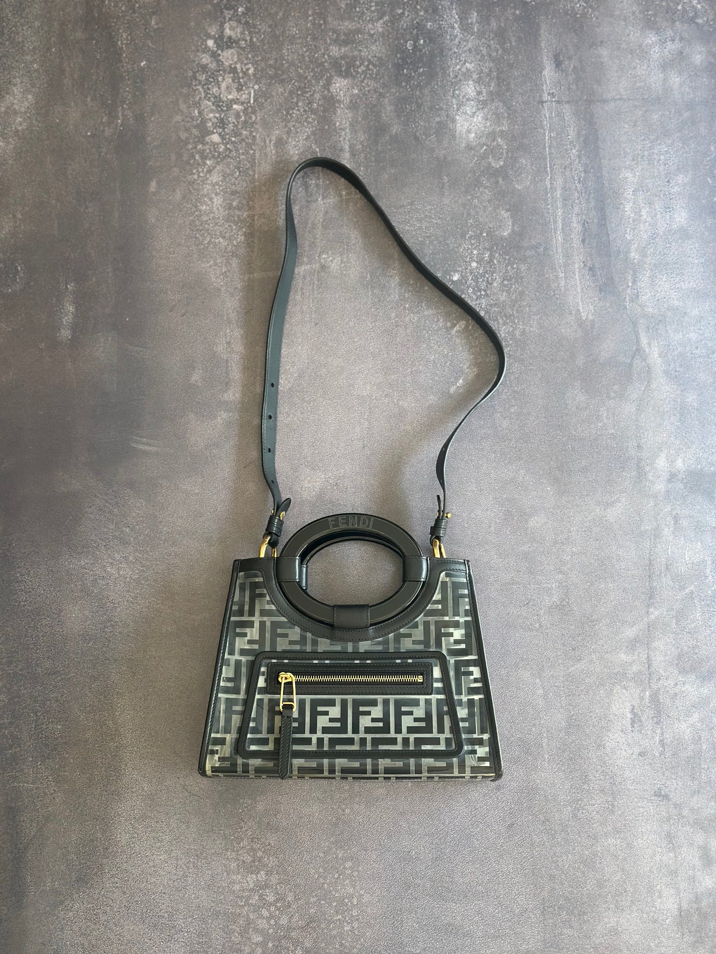 Designer Fendi Transparent/Black Zucca PVC and Leather Small Runaway Shopper Tote