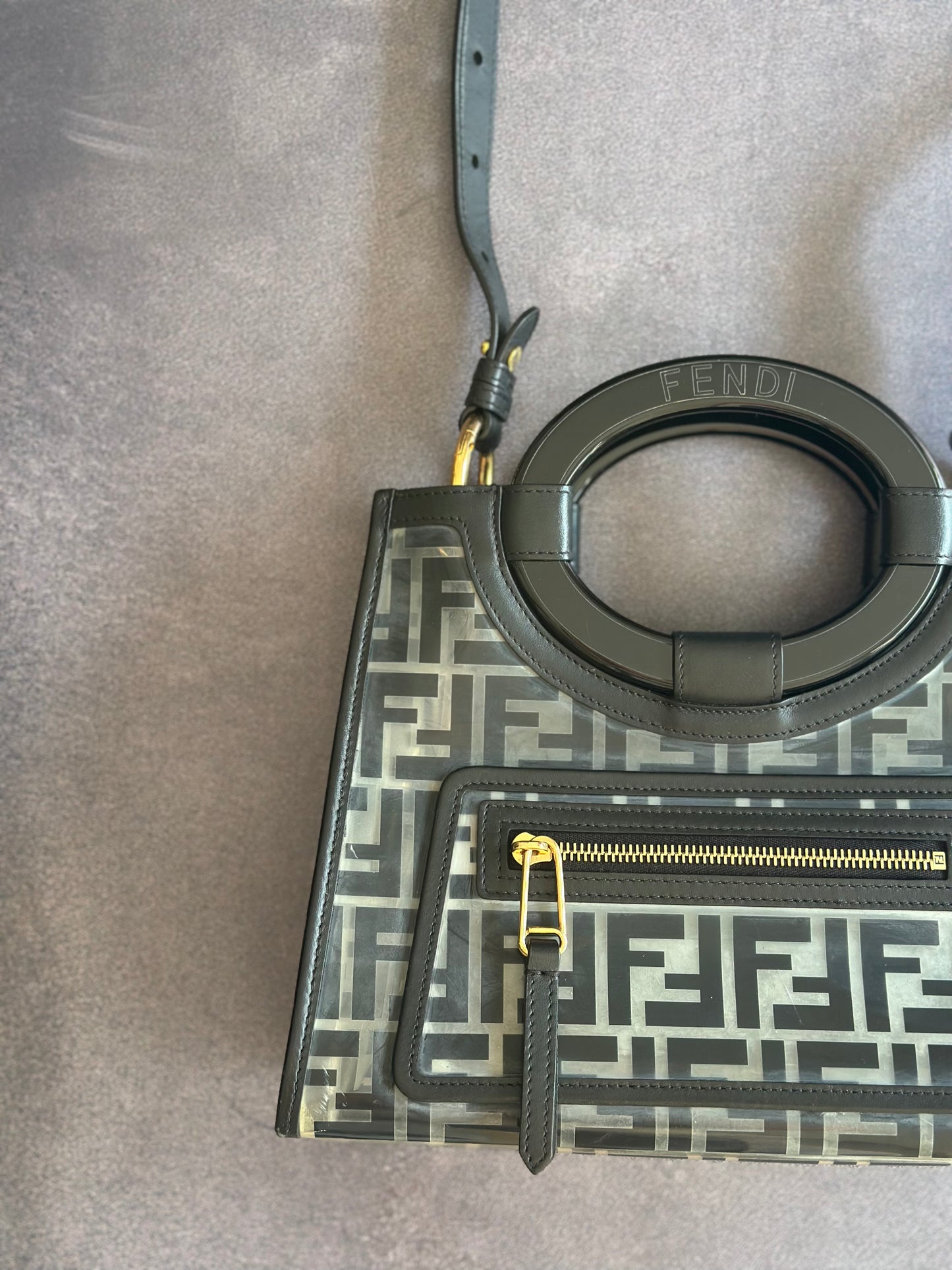 Designer Fendi Transparent/Black Zucca PVC and Leather Small Runaway Shopper Tote