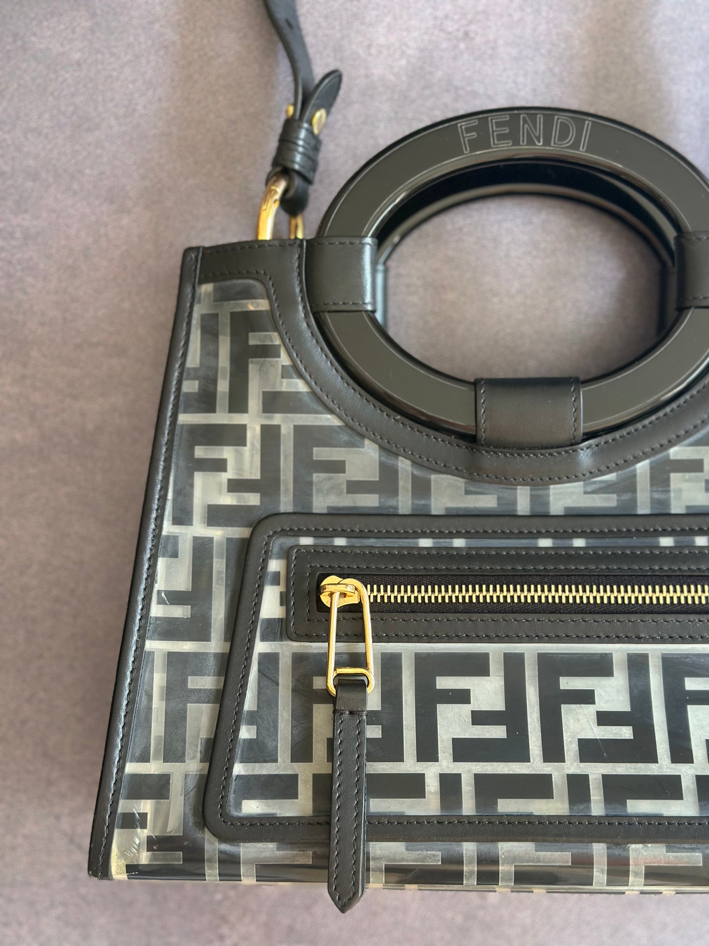Designer Fendi Transparent/Black Zucca PVC and Leather Small Runaway Shopper Tote