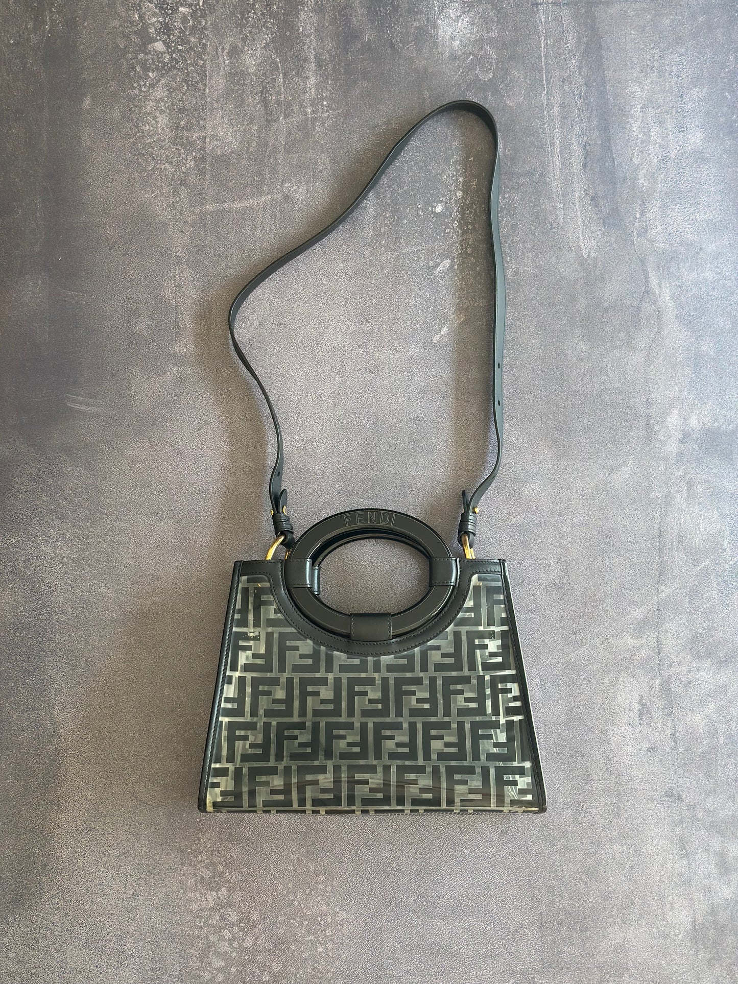 Designer Fendi Transparent/Black Zucca PVC and Leather Small Runaway Shopper Tote